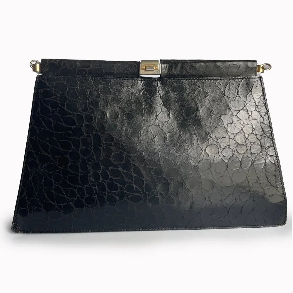 Furla Clutch Bag Black Croc Embossed  Leather Hinged Vintage 70s